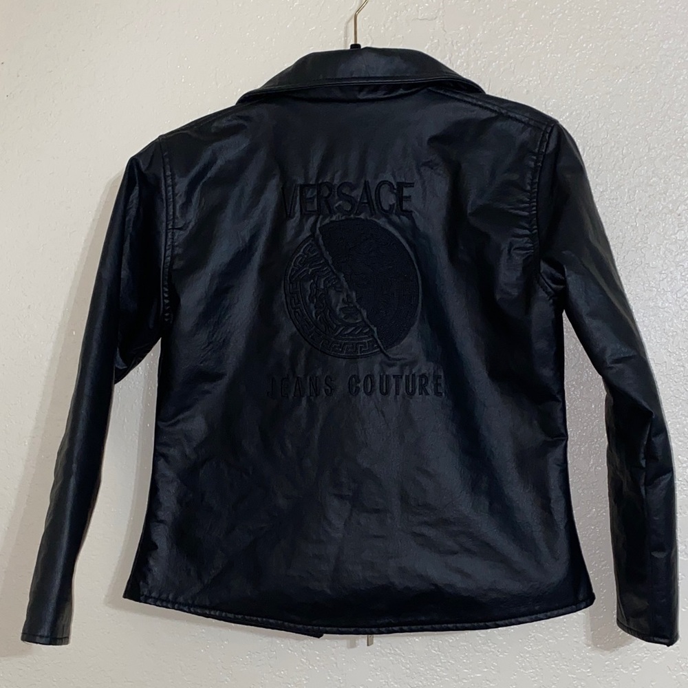 Versace Black Leather Jacket With Embroidered Logo - image 1